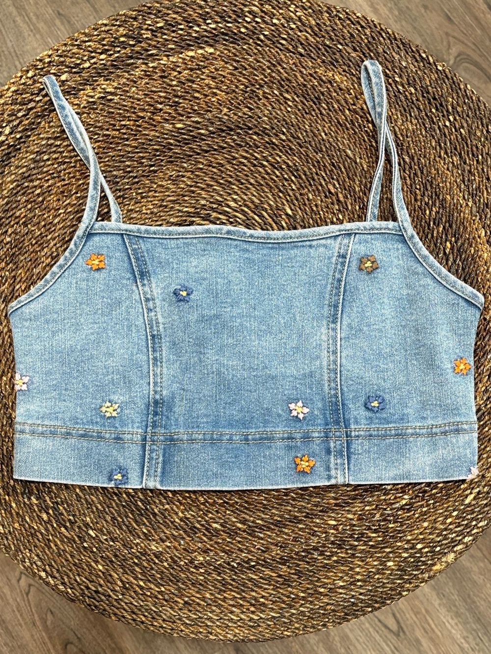 Ban•Jara Denim Floral Embroidered Crop Tank Top Small Boho Festival